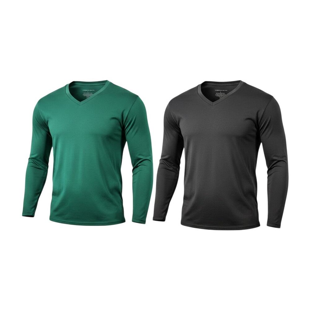 Thermajohn Men's V-Neck Long Sleeve Activewear Shirt 2-Pack Black Green L